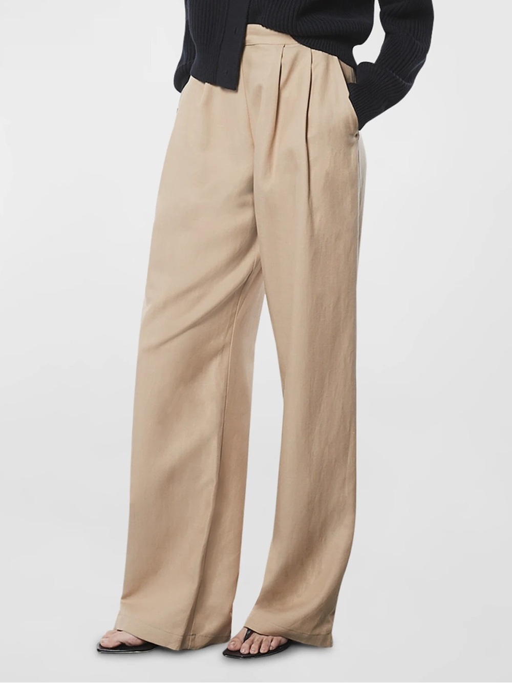 Enza Costa Tan Twill Pleated Wide Leg Pant Size Small